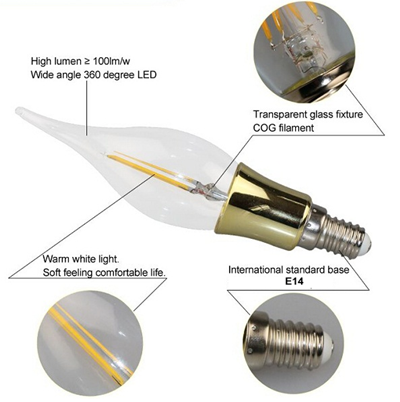 360 Degree LED Filament Bulb / LED Candle Light No Tail 2W 4W Dimmable C35